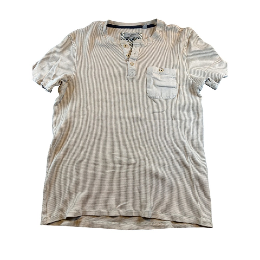 Ted Baker London Mens Waffle Knit Henley Shirt Tan Beige Short Sleeve Size 4 L